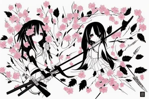 Anime style kemonomimi, holding katana, surrounded by sakura trees, close up shot, upper arm tattoo tattoo idea