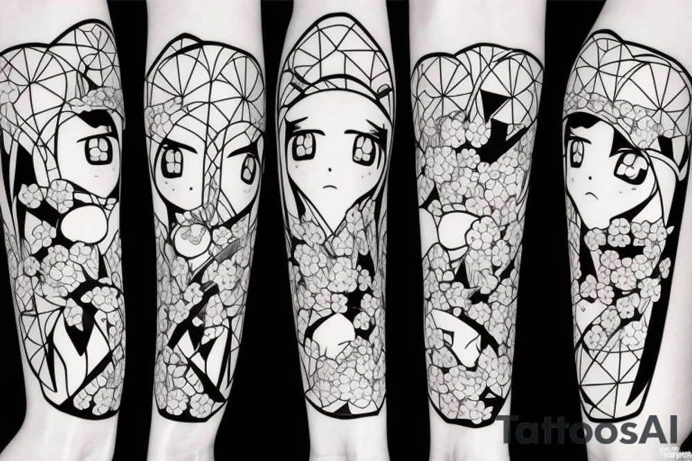 Anime style kemonomimi, holding katana, surrounded by sakura trees, close up shot, upper arm tattoo tattoo idea