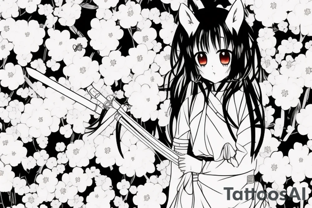 Anime style kemonomimi, holding katana, surrounded by sakura trees, close up shot, upper arm tattoo tattoo idea