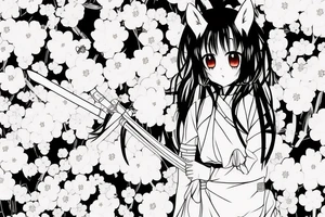 Anime style kemonomimi, holding katana, surrounded by sakura trees, close up shot, upper arm tattoo tattoo idea