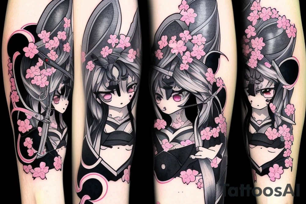 Anime style kemonomimi, holding katana, surrounded by sakura trees, close up shot, upper arm tattoo tattoo idea