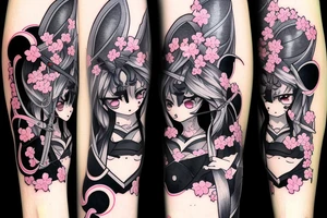 Anime style kemonomimi, holding katana, surrounded by sakura trees, close up shot, upper arm tattoo tattoo idea