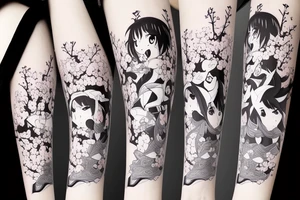 Anime style kemonomimi, holding katana, surrounded by sakura trees, close up shot, upper arm tattoo tattoo idea