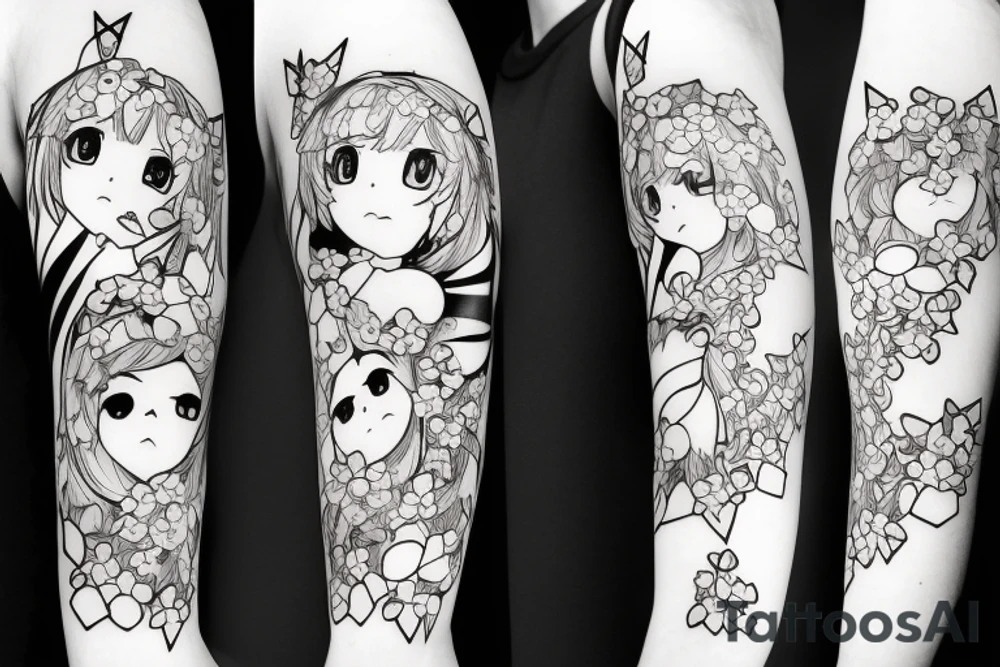 Anime style kemonomimi, surrounded by sakura trees, close up shot, upper arm tattoo tattoo idea
