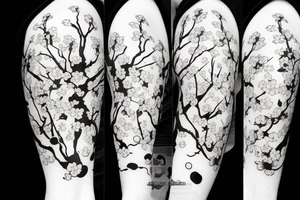 Anime style kemonomimi, surrounded by sakura trees, close up shot, upper arm tattoo tattoo idea