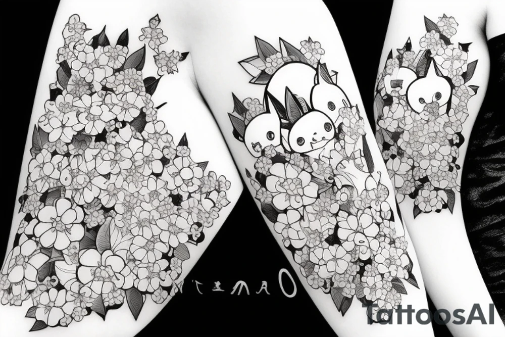 Anime style kemonomimi, surrounded by sakura trees, close up shot, upper arm tattoo tattoo idea