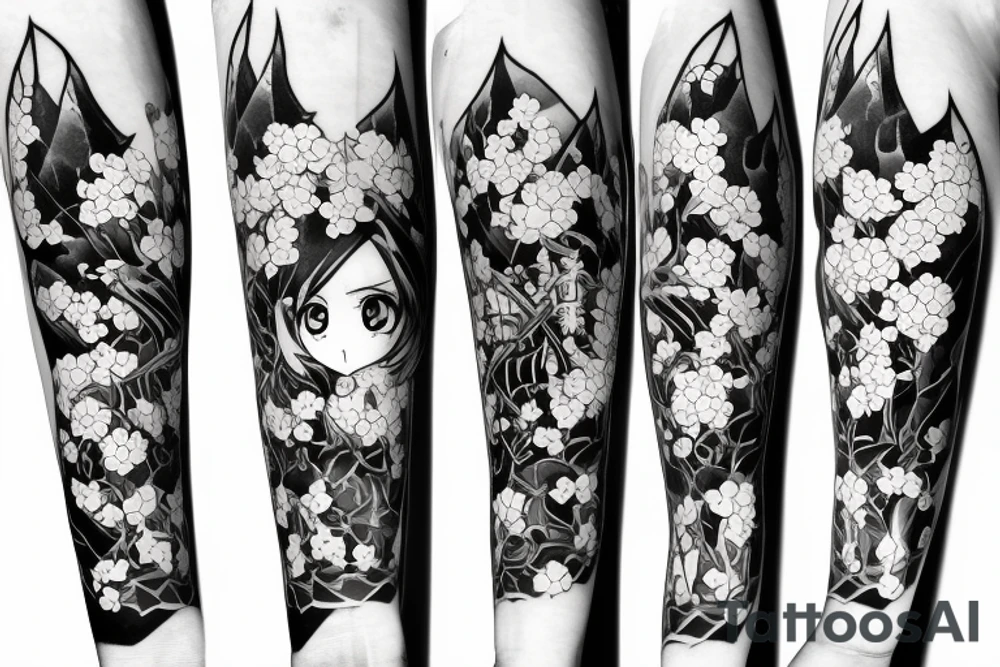 Anime style kemonomimi, surrounded by sakura trees, face shot, upper arm tattoo tattoo idea