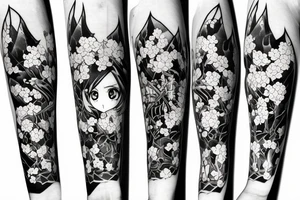 Anime style kemonomimi, surrounded by sakura trees, face shot, upper arm tattoo tattoo idea