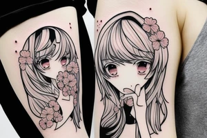 Anime style kemonomimi, surrounded by sakura trees, face shot, upper arm tattoo tattoo idea