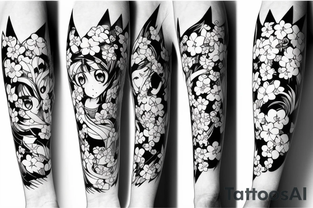 Anime style kemonomimi, surrounded by sakura trees, face shot, upper arm tattoo tattoo idea