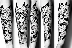 Anime style kemonomimi, surrounded by sakura trees, face shot, upper arm tattoo tattoo idea