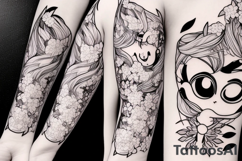 Anime style kemonomimi, surrounded by sakura trees, ultra close shot, upper arm tattoo tattoo idea