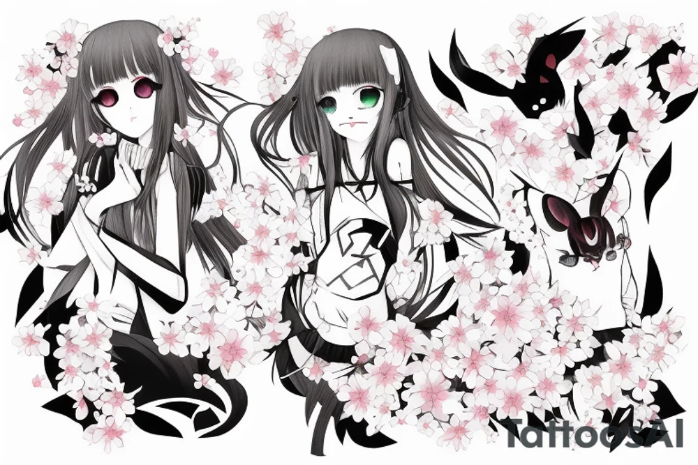 Anime style kemonomimi, surrounded by sakura trees, ultra close shot, upper arm tattoo tattoo idea