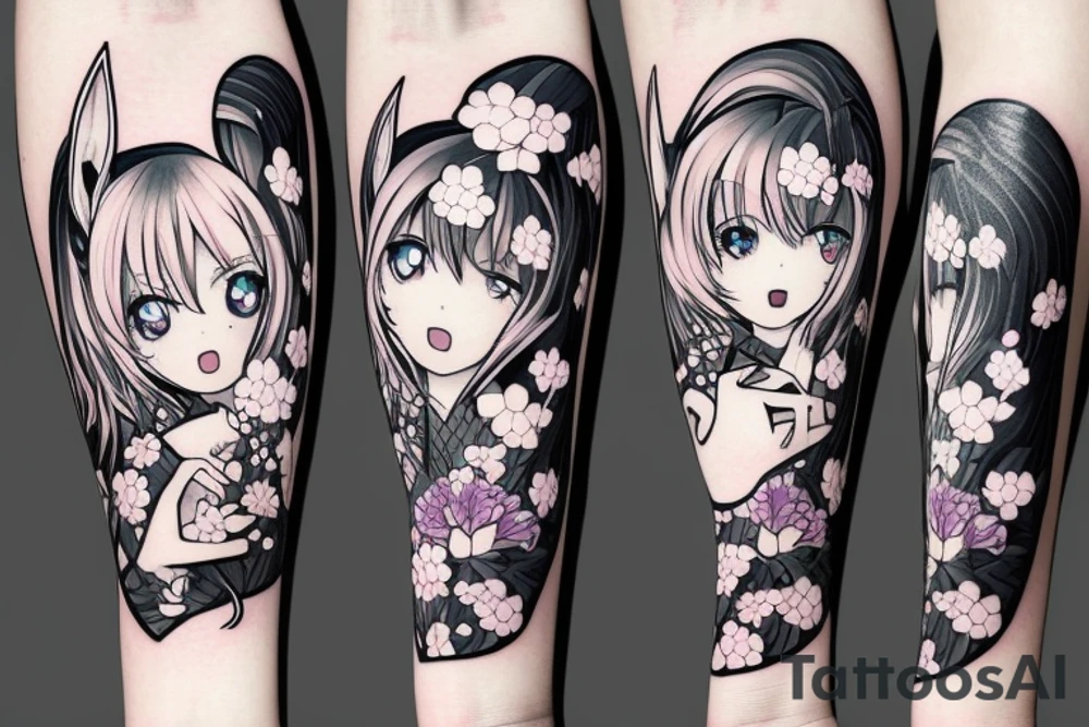 Anime style kemonomimi, surrounded by sakura trees, face shot, upper arm tattoo tattoo idea