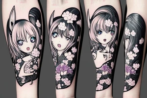 Anime style kemonomimi, surrounded by sakura trees, face shot, upper arm tattoo tattoo idea