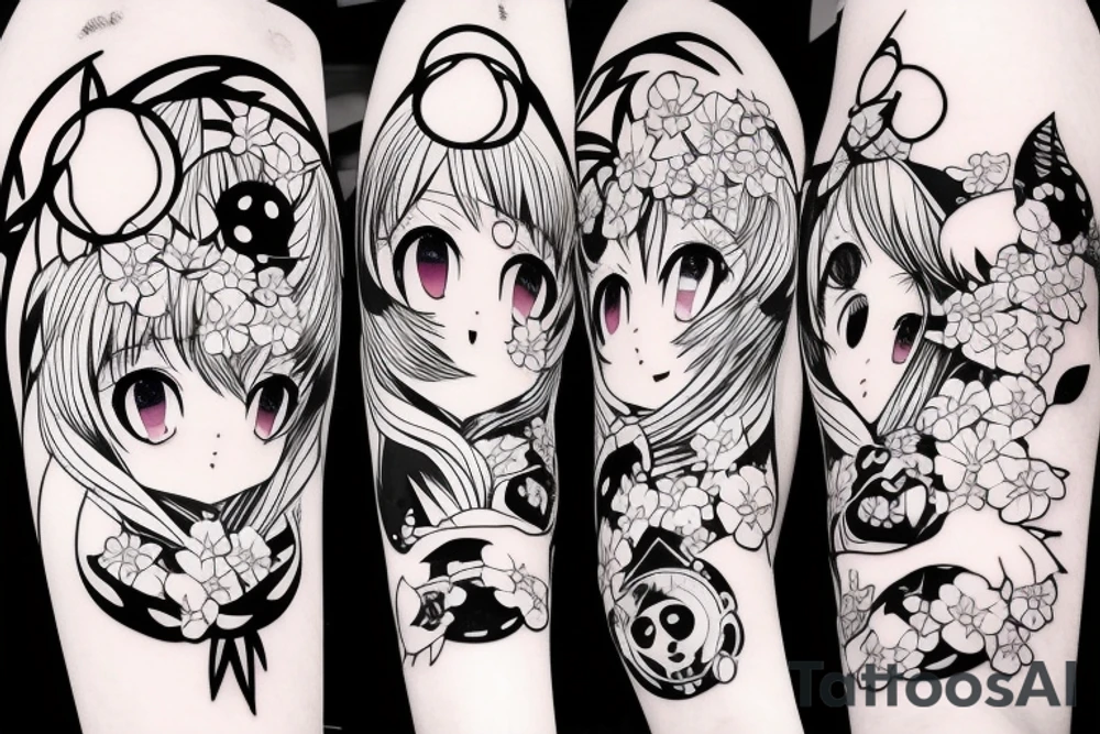 Anime style kemonomimi, surrounded by sakura trees, face shot, upper arm tattoo tattoo idea