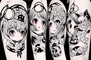 Anime style kemonomimi, surrounded by sakura trees, face shot, upper arm tattoo tattoo idea