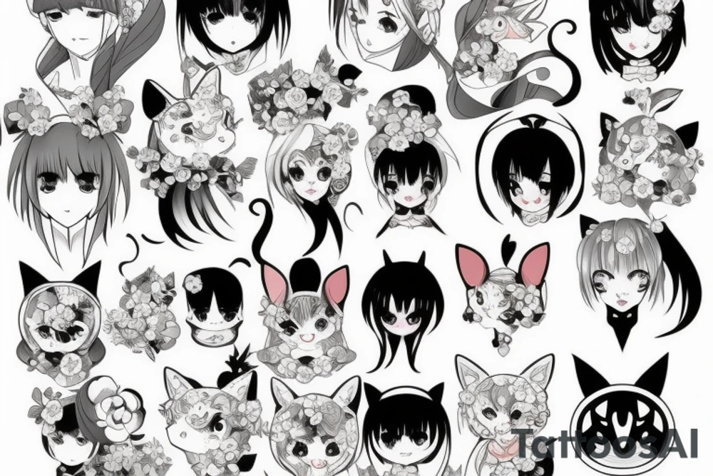 Anime style kemonomimi, surrounded by sakura trees, face shot, upper arm tattoo tattoo idea