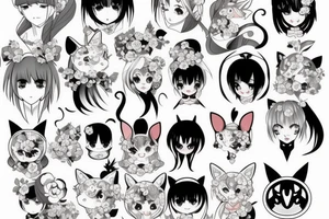 Anime style kemonomimi, surrounded by sakura trees, face shot, upper arm tattoo tattoo idea