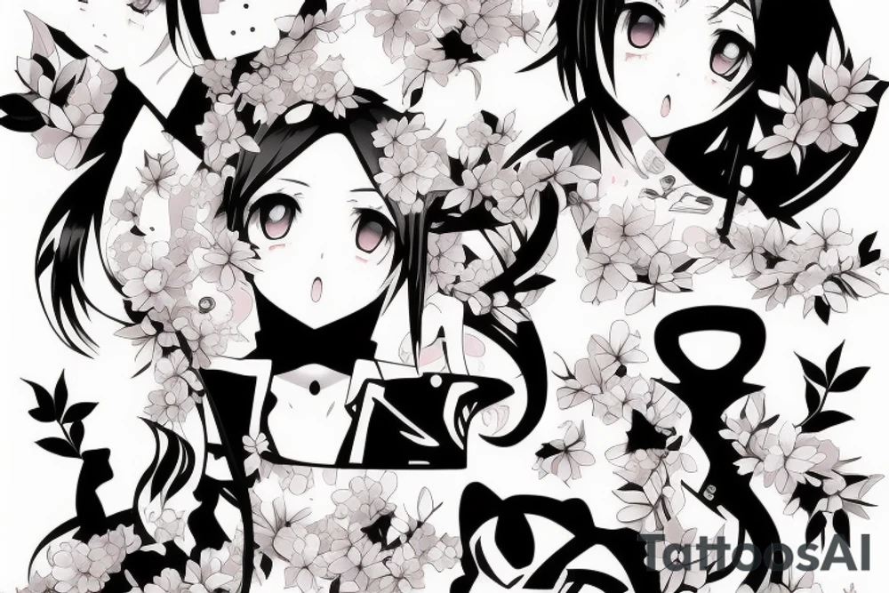 Anime style kemonomimi, surrounded by sakura trees, face shot, upper arm tattoo tattoo idea