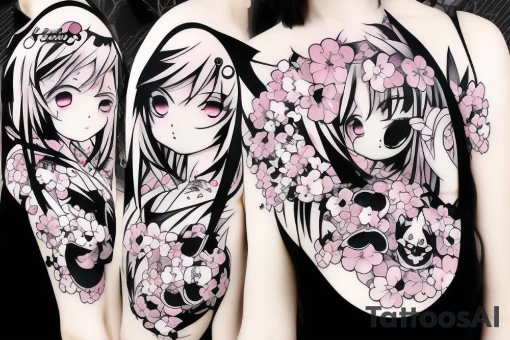 Anime style kemonomimi, surrounded by sakura trees, face shot, upper arm tattoo tattoo idea