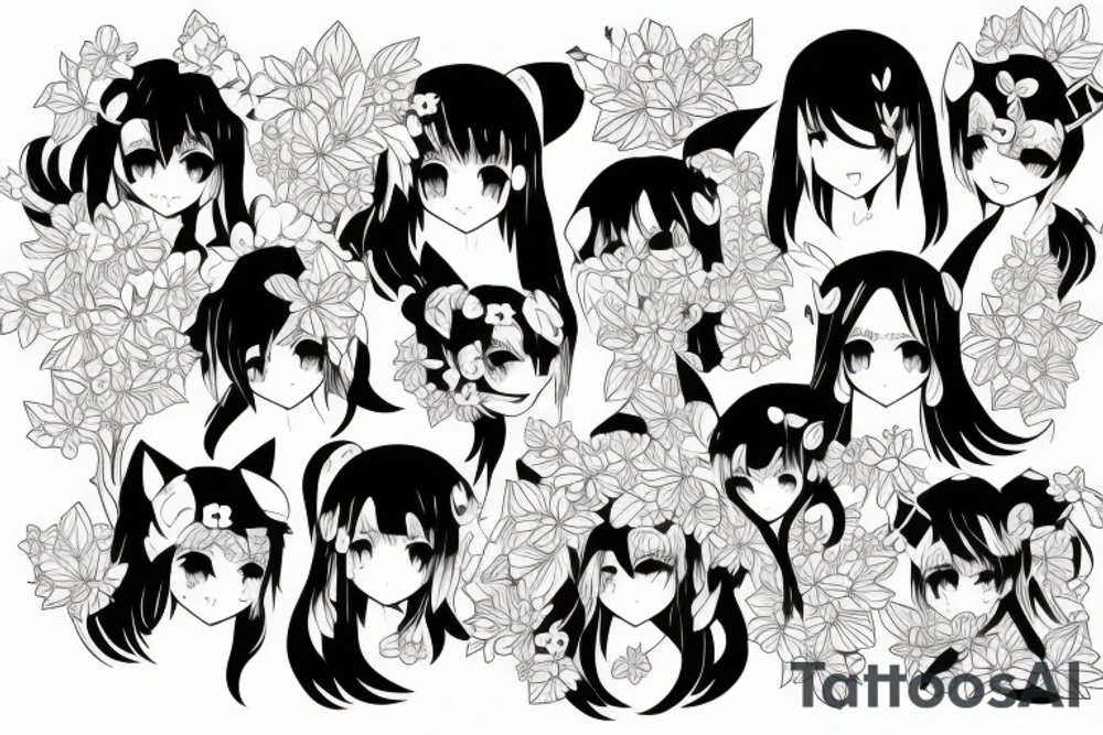 Anime style kemonomimi, surrounded by sakura trees, face shot, upper arm tattoo tattoo idea