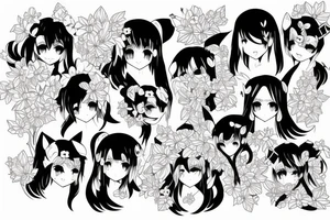 Anime style kemonomimi, surrounded by sakura trees, face shot, upper arm tattoo tattoo idea