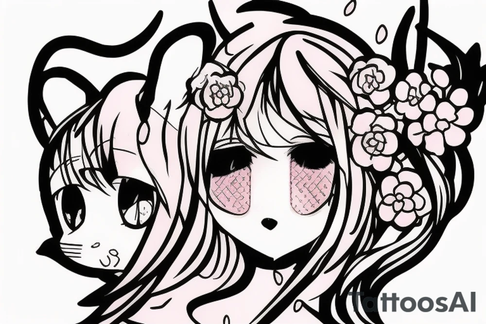 Anime style kemonomimi, surrounded by sakura trees, face shot, upper arm tattoo tattoo idea