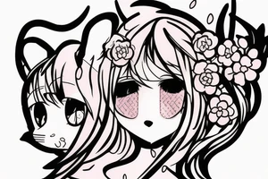 Anime style kemonomimi, surrounded by sakura trees, face shot, upper arm tattoo tattoo idea