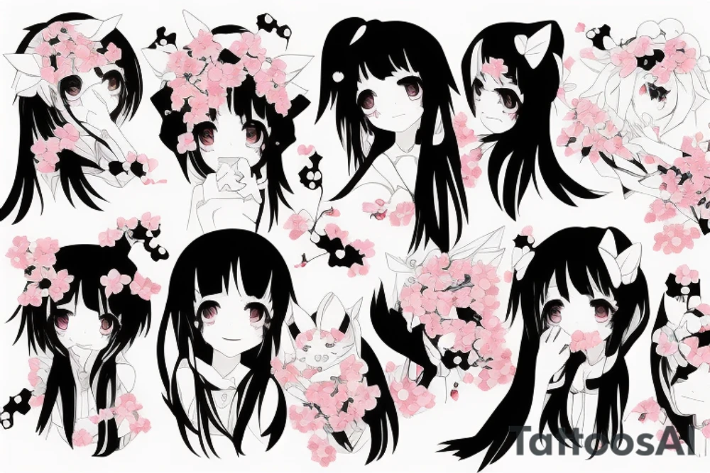 Anime style kemonomimi, surrounded by sakura trees, face shot, upper arm tattoo tattoo idea