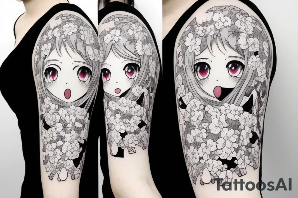 Anime style kemonomimi, surrounded by sakura trees, face shot, upper arm tattoo tattoo idea