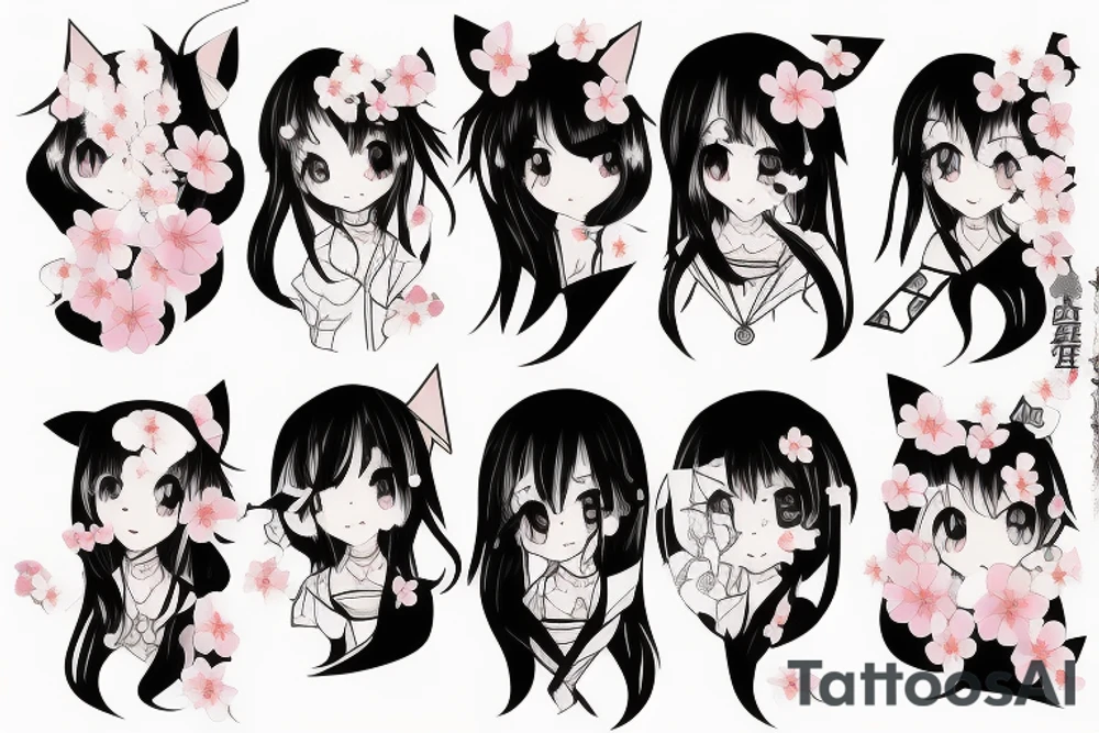Anime style kemonomimi, surrounded by sakura trees, face shot, upper arm tattoo tattoo idea