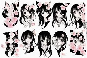 Anime style kemonomimi, surrounded by sakura trees, face shot, upper arm tattoo tattoo idea