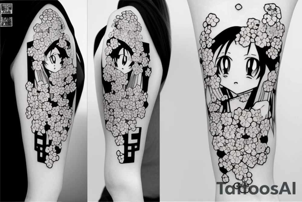 Anime style kemonomimi, surrounded by sakura trees, face shot, upper arm tattoo tattoo idea