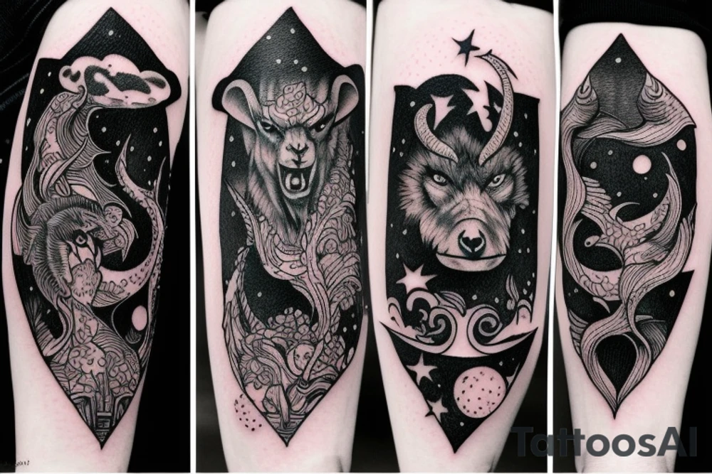 Cosmic war between a weregoat and werewolf tattoo idea