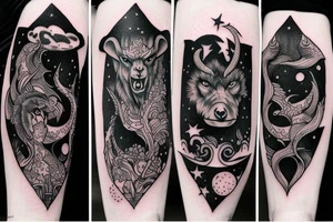 Cosmic war between a weregoat and werewolf tattoo idea