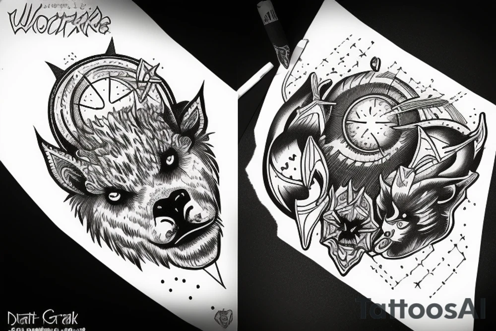Cosmic war between a weregoat and werewolf tattoo idea