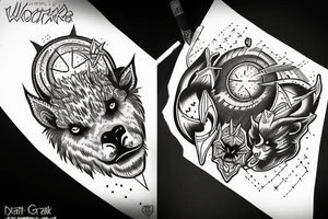 Cosmic war between a weregoat and werewolf tattoo idea