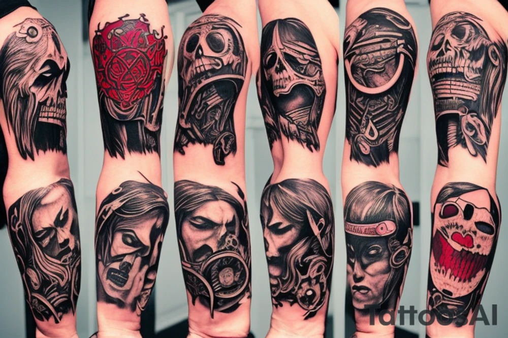 full sleeve with side neck, trash polka, , black and red tattoo idea