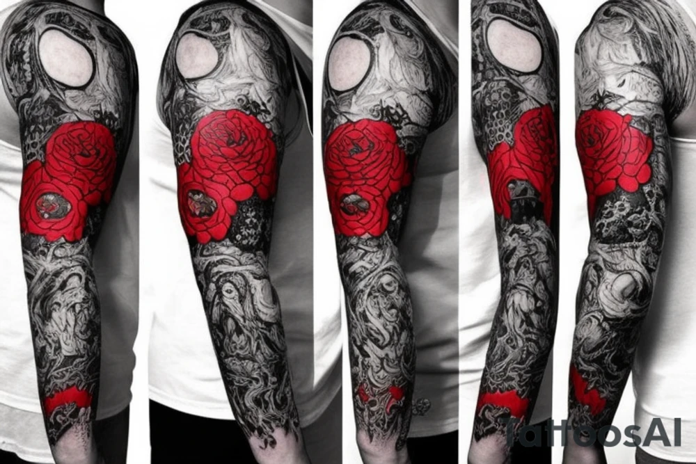 full sleeve with side neck, trash polka, , black and red tattoo idea