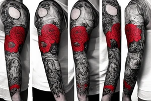 full sleeve with side neck, trash polka, , black and red tattoo idea