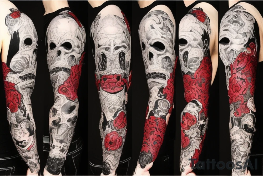 full sleeve with side neck, trash polka, , black and red tattoo idea