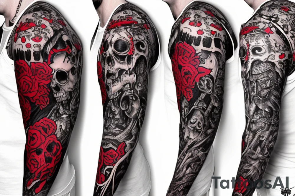 full sleeve with side neck, trash polka, , black and red tattoo idea