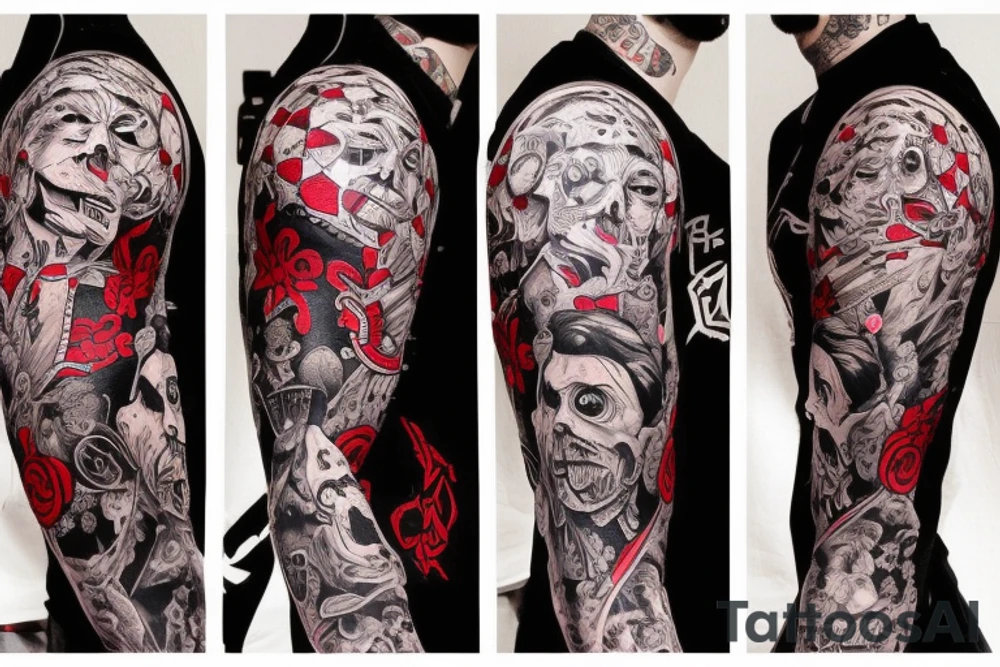 full sleeve with side neck, trash polka, , black and red tattoo idea