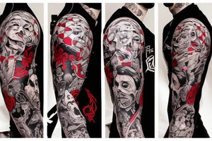 full sleeve with side neck, trash polka, , black and red tattoo idea