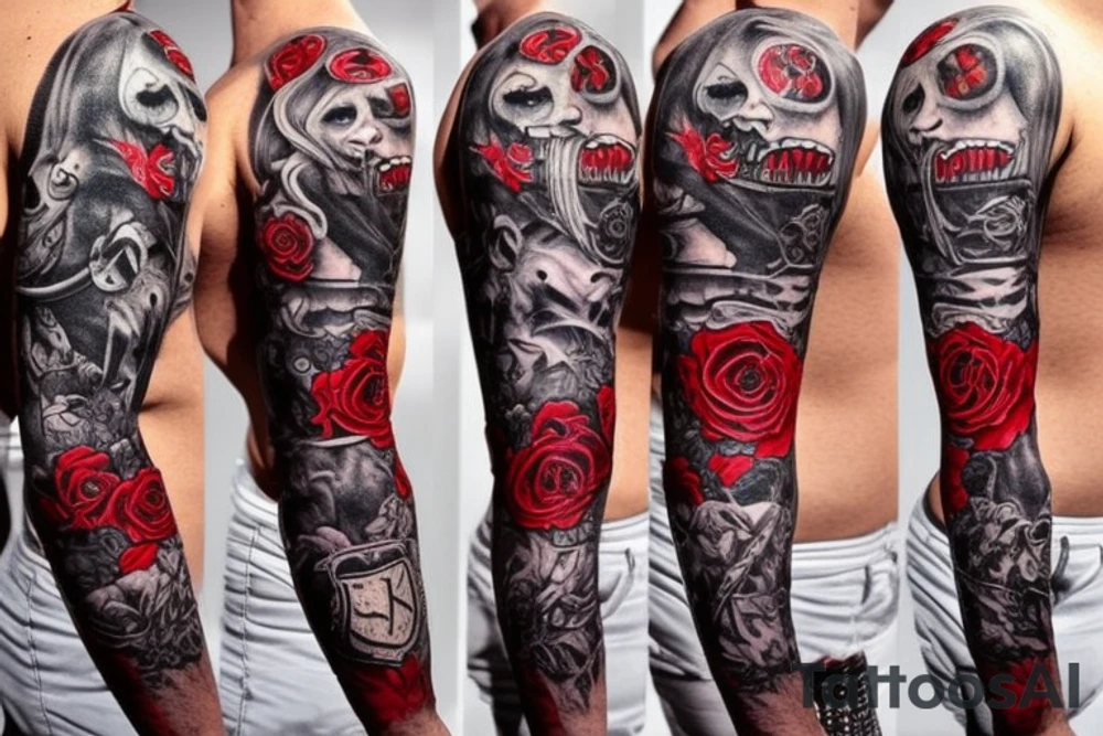 full sleeve with side neck, trash polka, , black and red tattoo idea