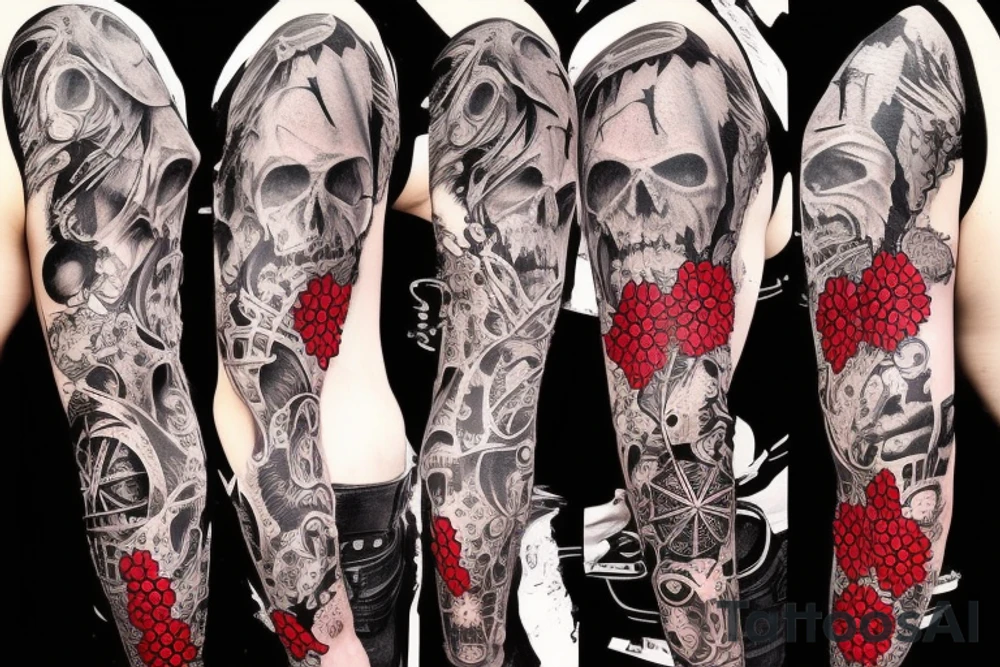 full sleeve with side neck, trash polka, , black and red tattoo idea