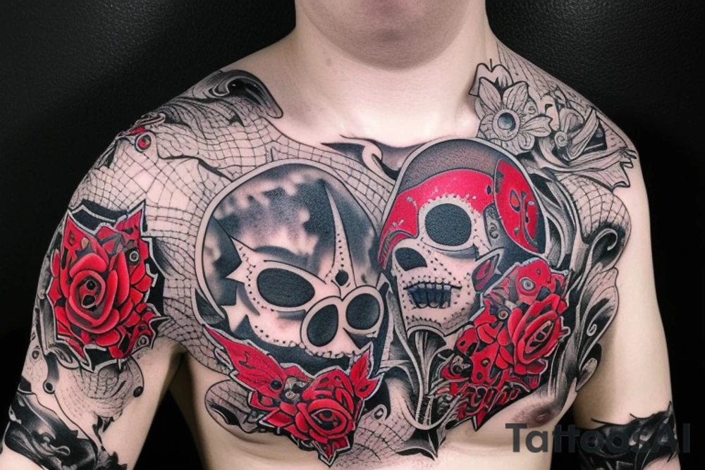 full sleeve with side neck, trash polka, , black and red tattoo idea