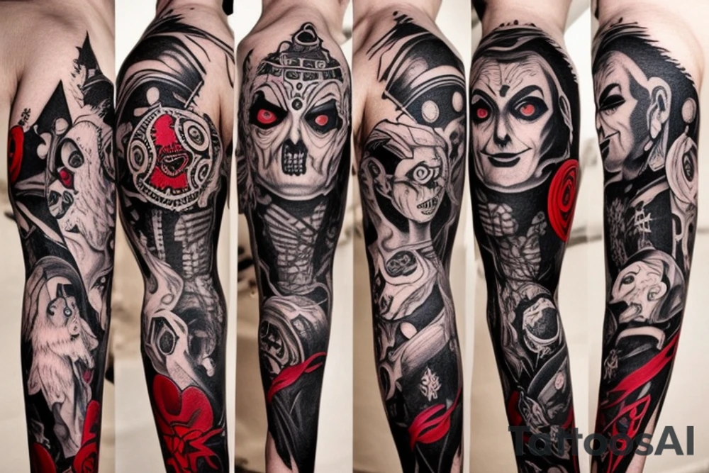 full sleeve with side neck, trash polka, , black and red tattoo idea