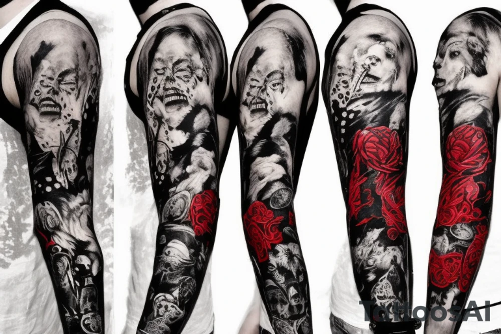 full sleeve with side neck, trash polka, , black and red tattoo idea